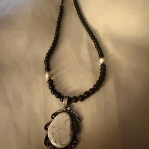 .925 SS White Buffalo Pendant on Black Pearl Onyx 18” necklace